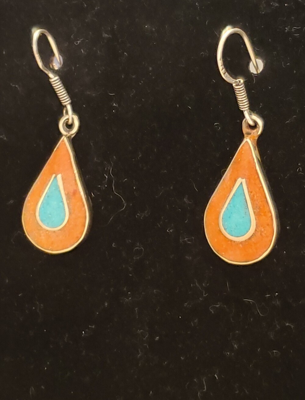 Sterling Inlaid Coral Turquoise Stamped 925s On French Wires Handmade Indian New